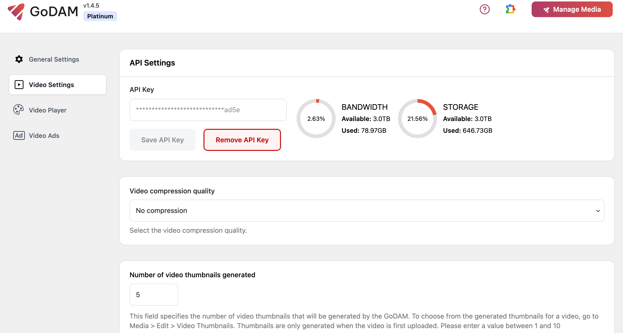 GoDAM API key settings tab