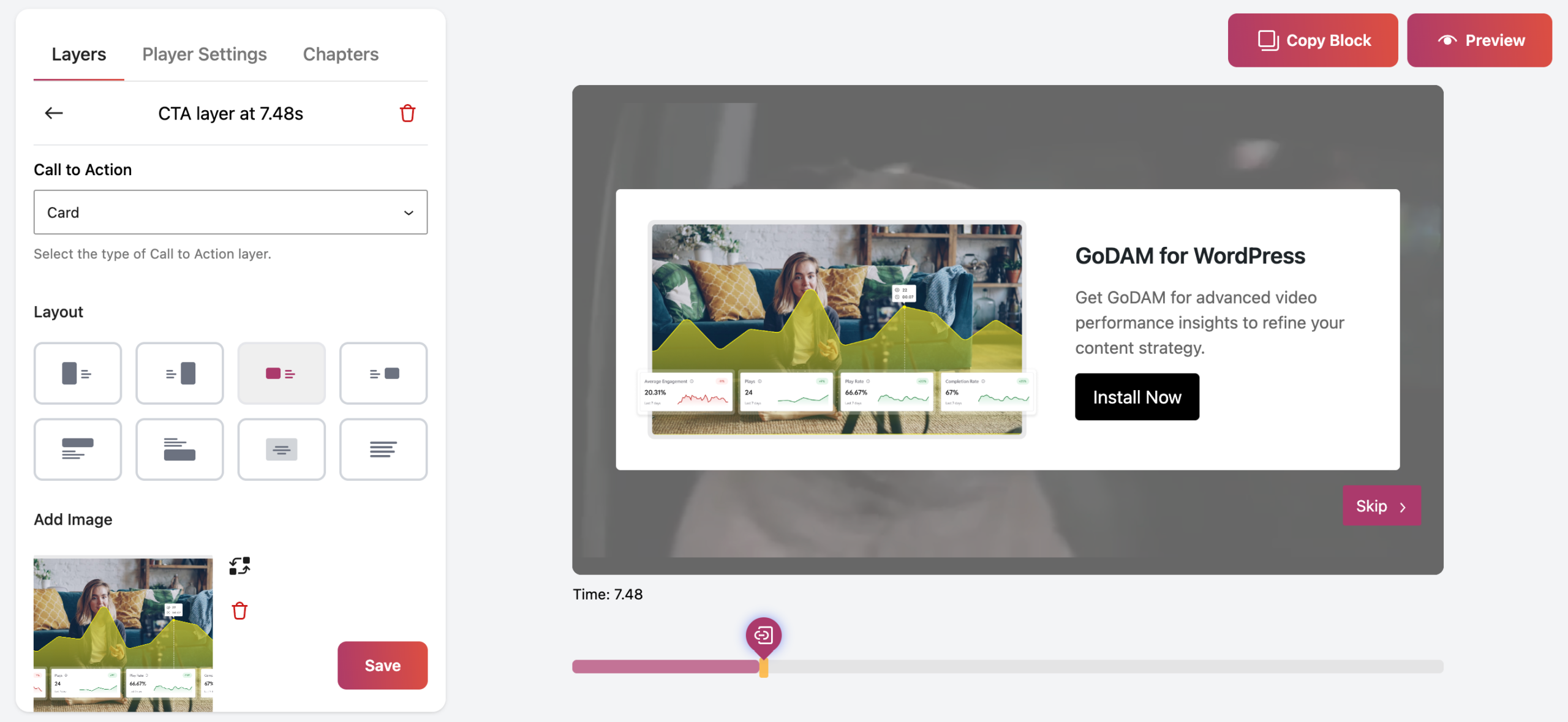 GoDAM Card Layout to add CTA in video